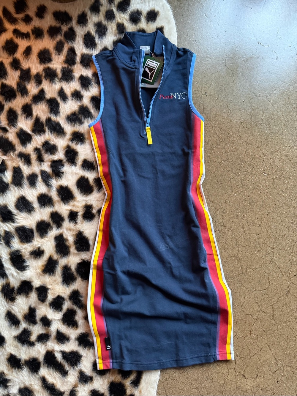 Puma Navy One-Piece Girls Swim Dress with Red and Yellow Side Stripes